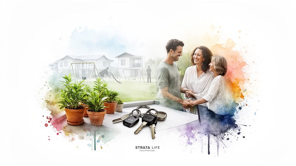 A watercolor illustration of a happy family receiving house keys, with a new community and playground in the background.