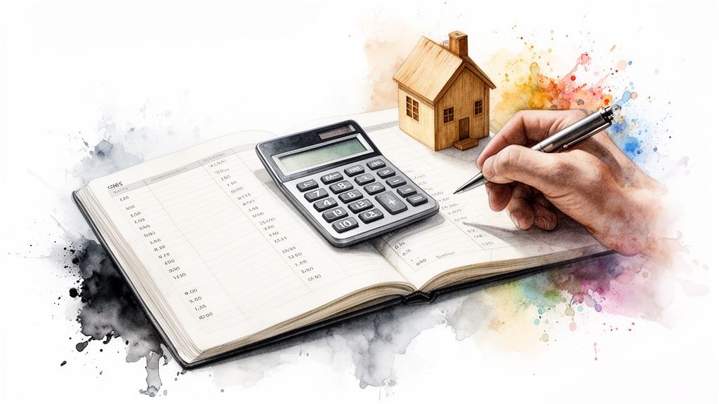 Watercolor illustration of a hand writing, calculator, and house model on a ledger, symbolizing property finance.
