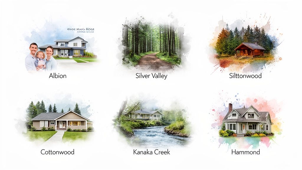Six watercolor-style images showing various homes, natural landscapes, and community names like Albion and Hammond.