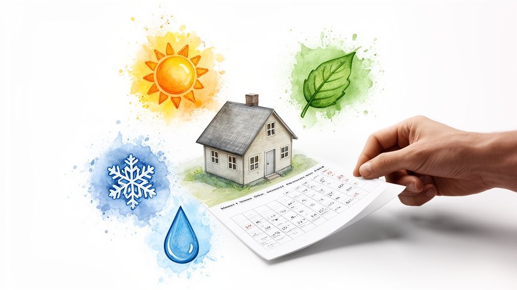A hand holding a calendar near a house surrounded by weather and nature symbols.