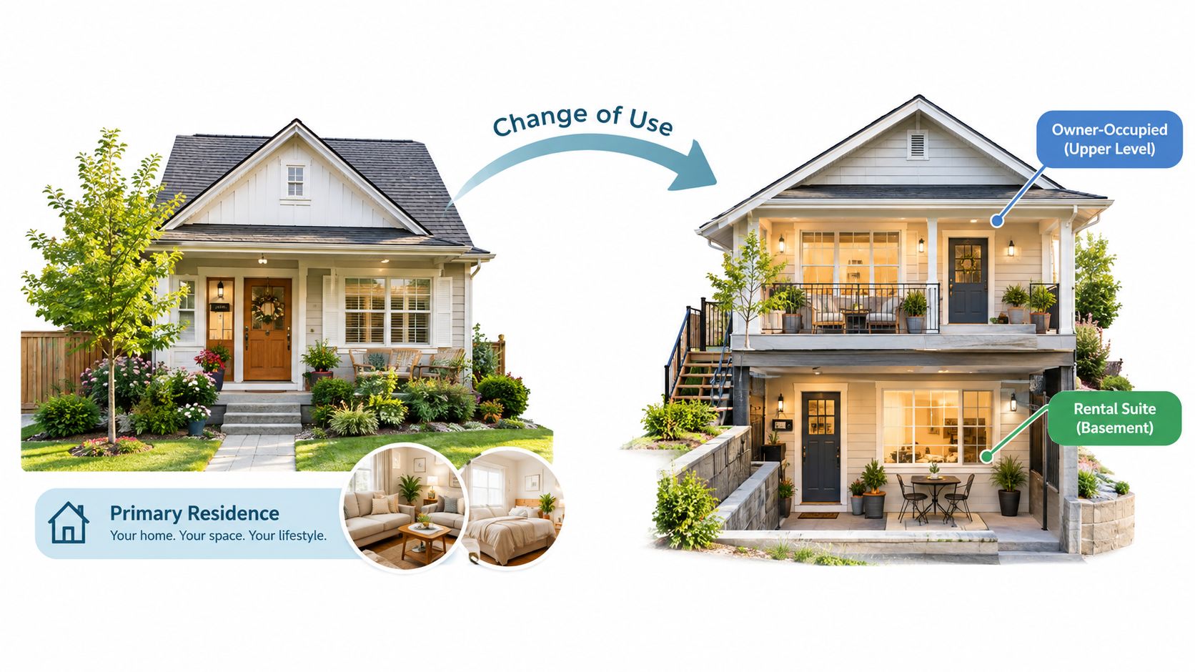 An illustration showing a single-family house converting into a duplex with an owner-occupied unit and rental suite.