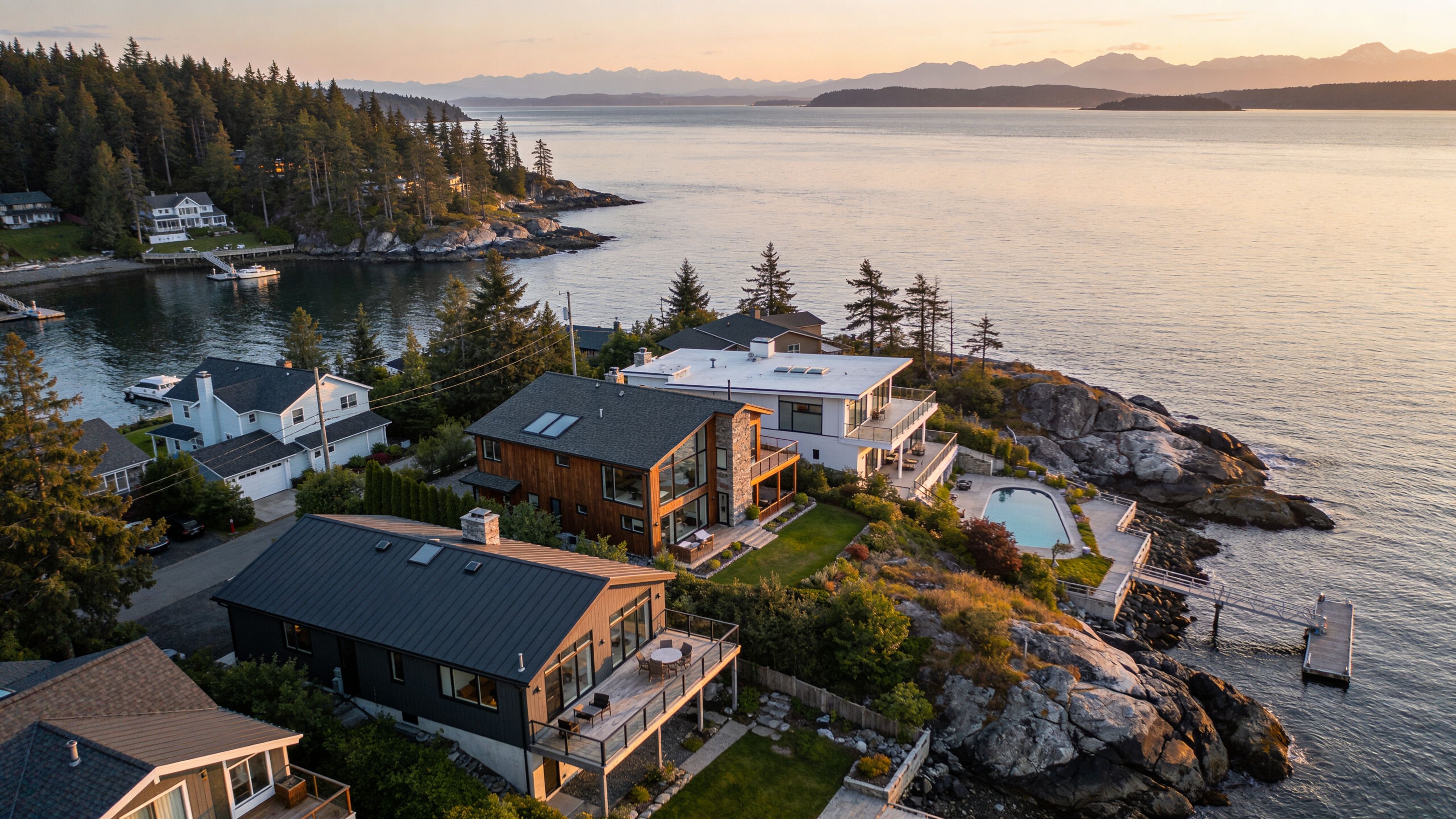 An aerial view of luxury waterfront homes at sunset featuring docks, swimming pools, and scenic ocean views.