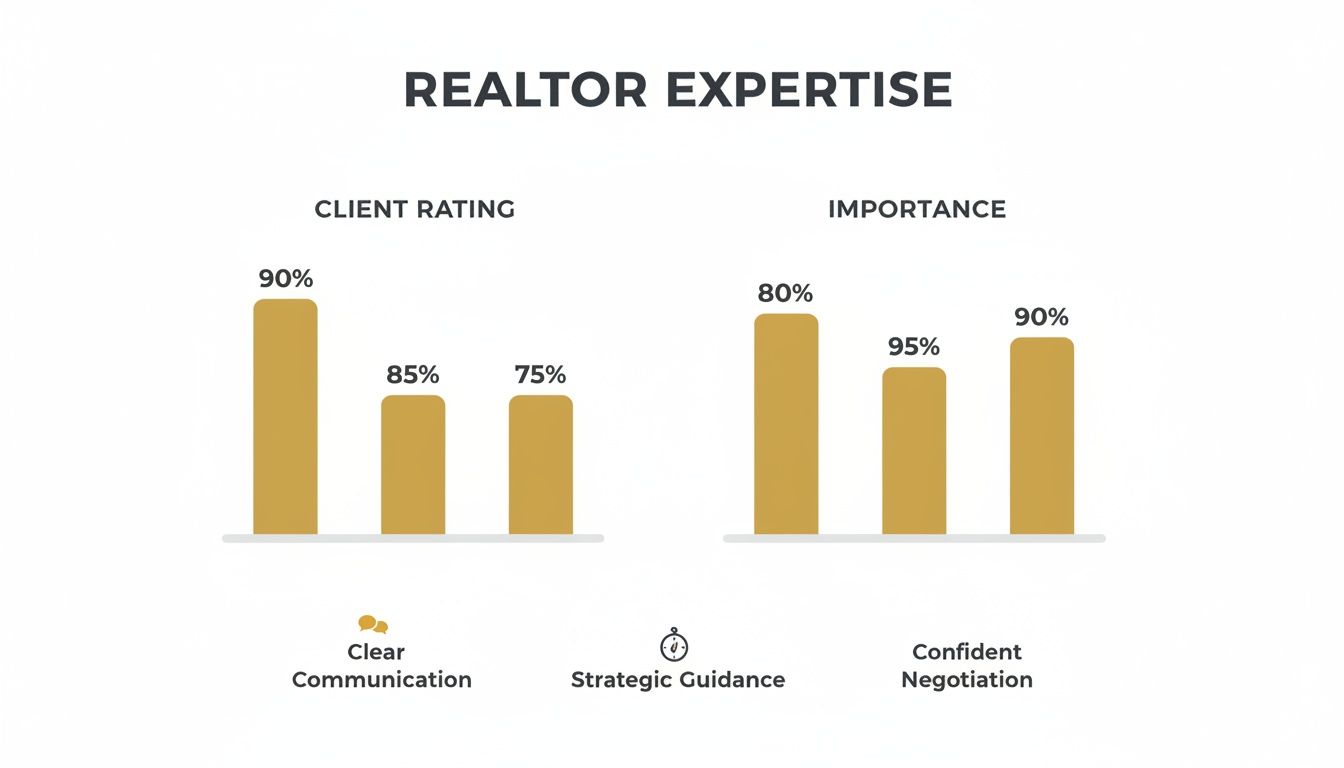 Bar chart illustrating realtor expertise, comparing client ratings and importance for clear communication, strategic guidance, and confident negotiation.