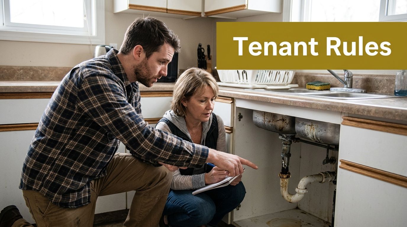 A man and woman inspect a damaged sink pipe while taking notes during a home maintenance assessment.