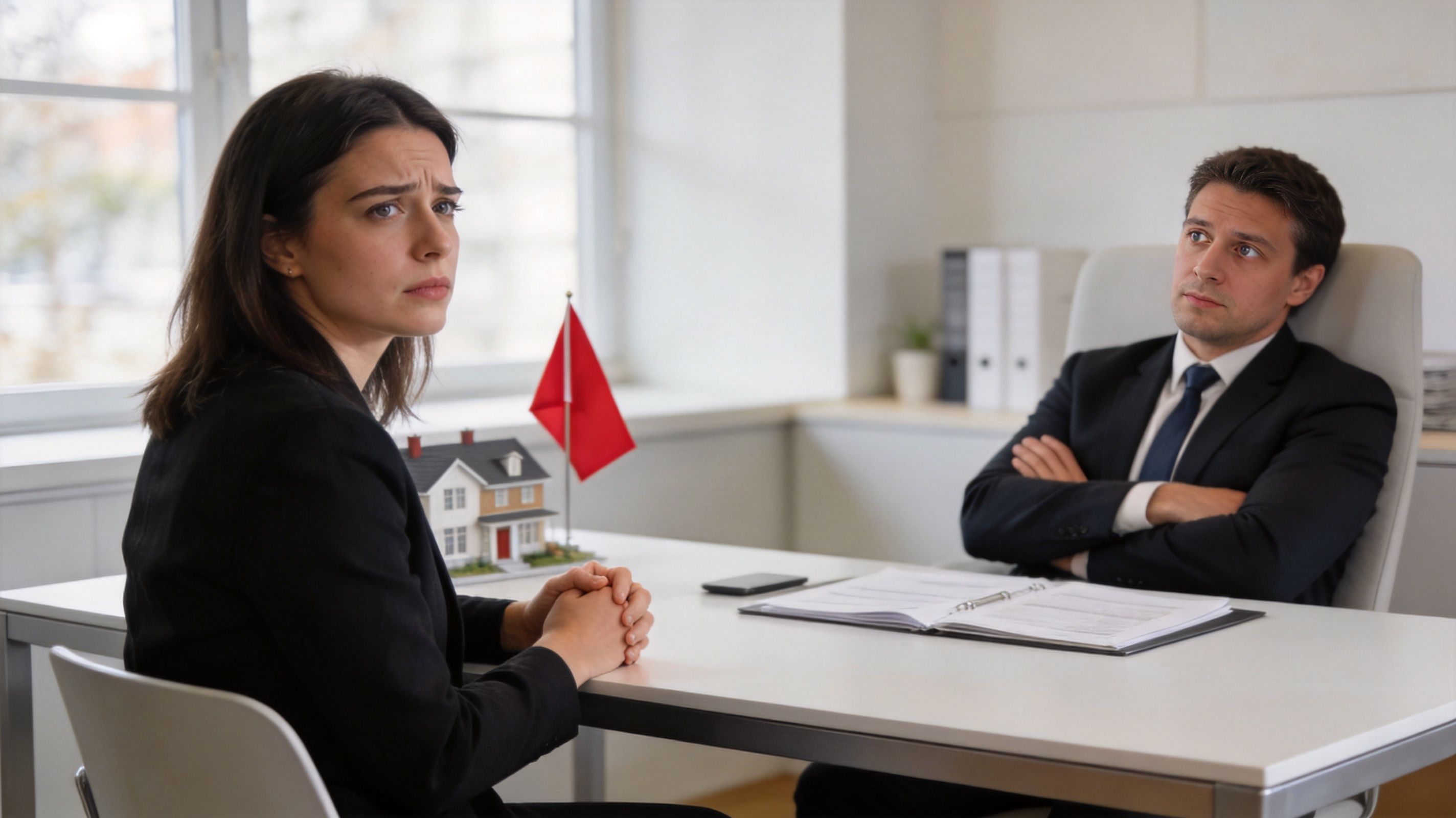 A concerned woman sits across from a professional businessman in an office discussing real estate matters.
