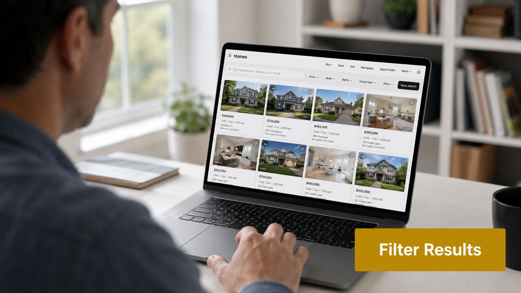 A person searching for residential real estate listings on a laptop screen using an online house hunting website.