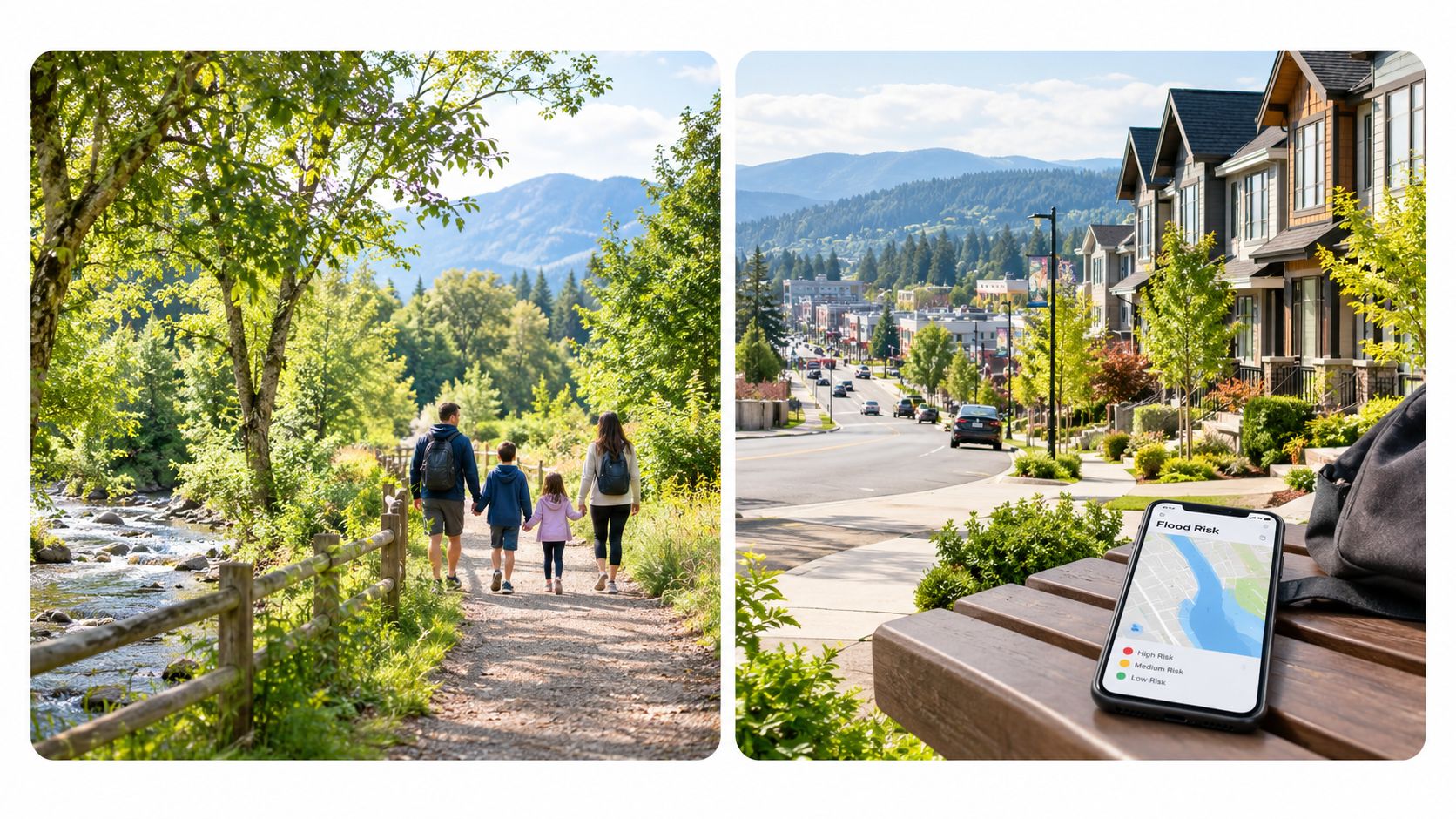 A split-screen image showing a family hiking near a river and a smartphone displaying a flood risk map.