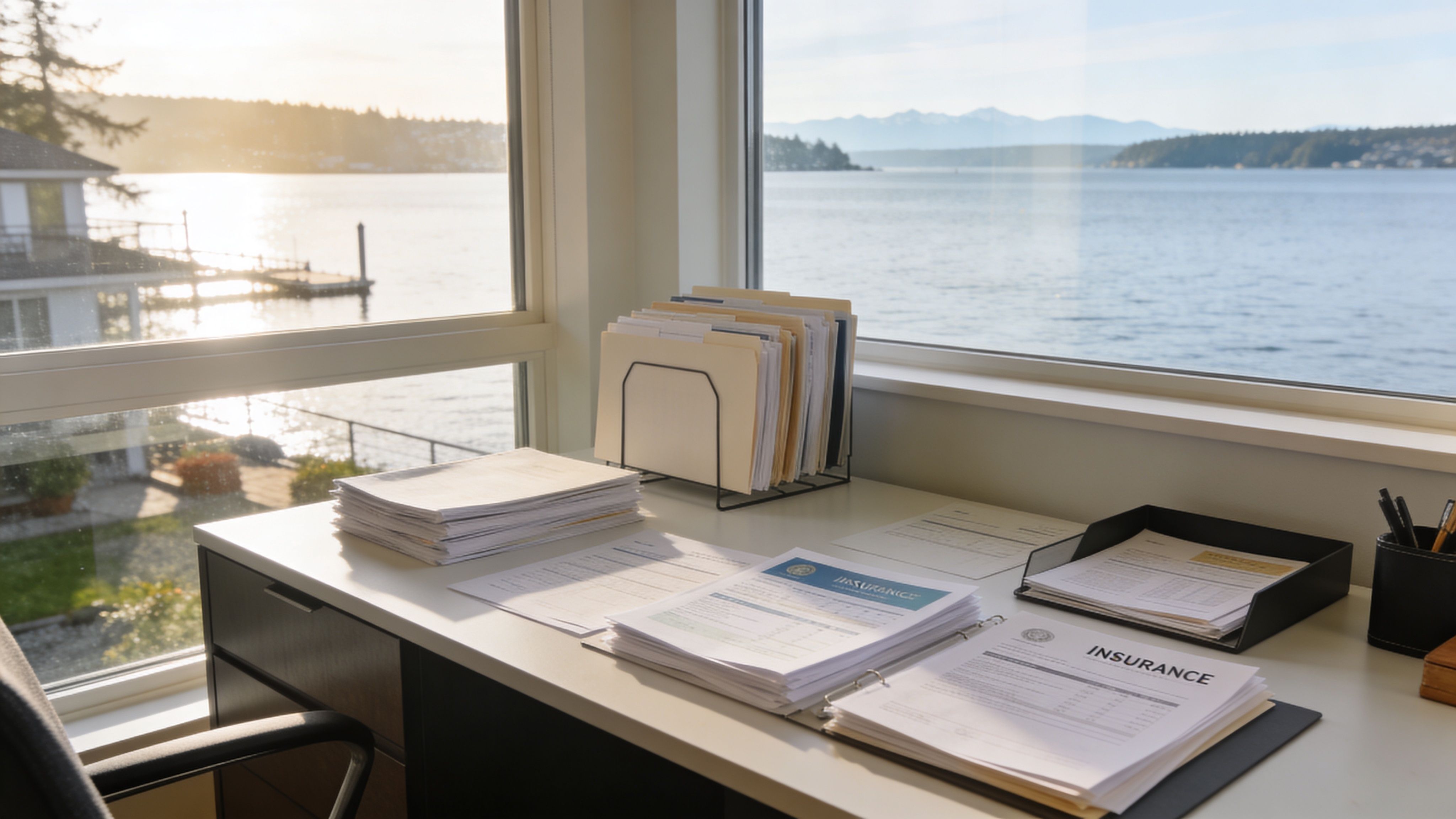 A neatly organized desk with documents and insurance files overlooking a calm waterfront home landscape.