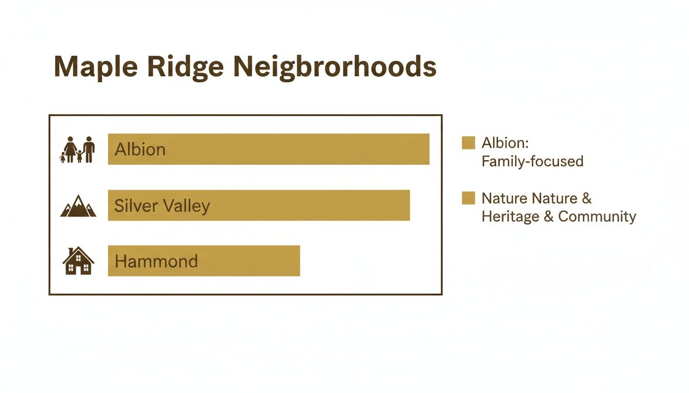 Infographic displaying Maple Ridge neighborhoods: Albion (family-focused), Silver Valley (nature), and Hammond.