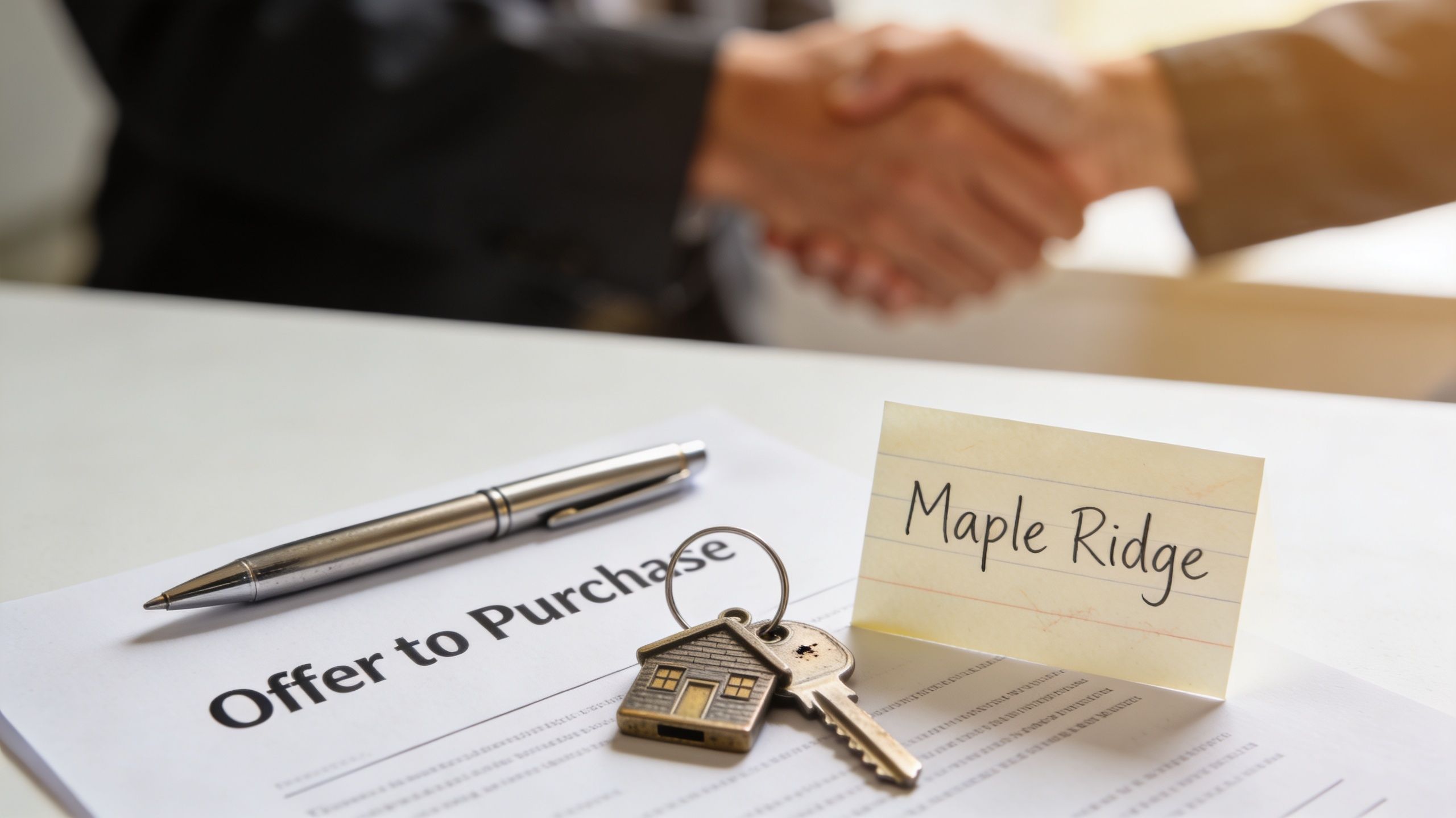 A real estate contract, a house key, and a note reading Maple Ridge sit on a desk.