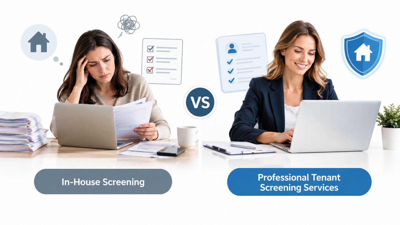 A split image comparing a stressed person doing manual tenant screening versus a happy professional using digital services.