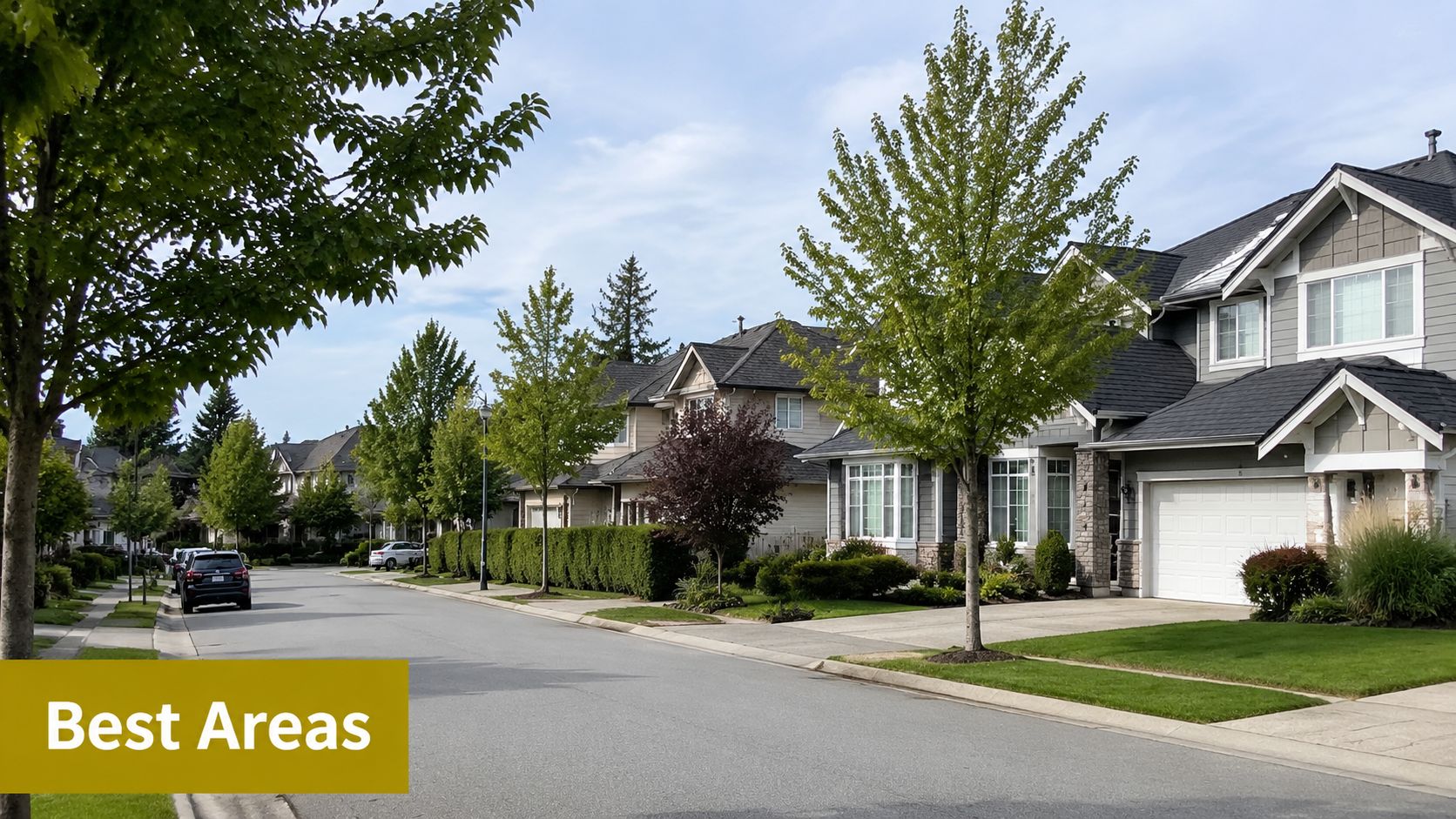 A quiet suburban street with modern houses, green trees, and well-maintained lawns on a sunny day.