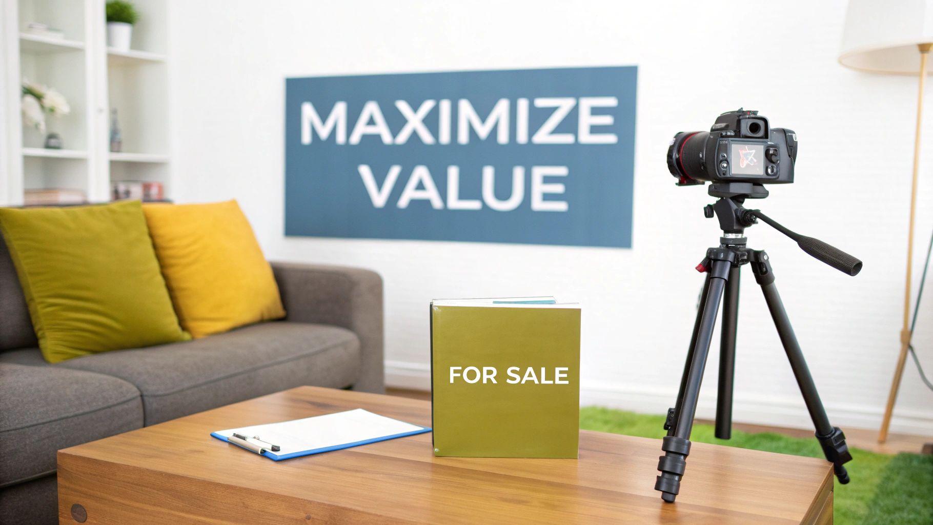 A camera on a tripod points towards a coffee table with a 'FOR SALE' binder and a 'MAXIMIZE VALUE' sign on the wall, depicting a real estate video setup.