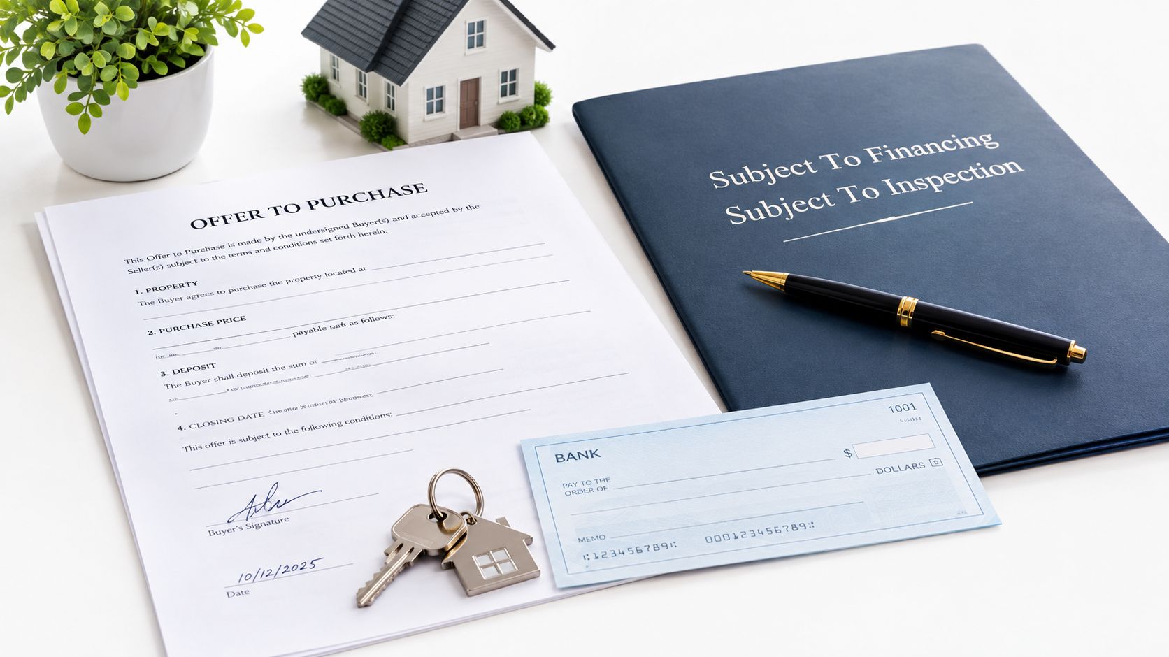 A real estate offer to purchase document, house model, key, check, and financing folder on a desk.