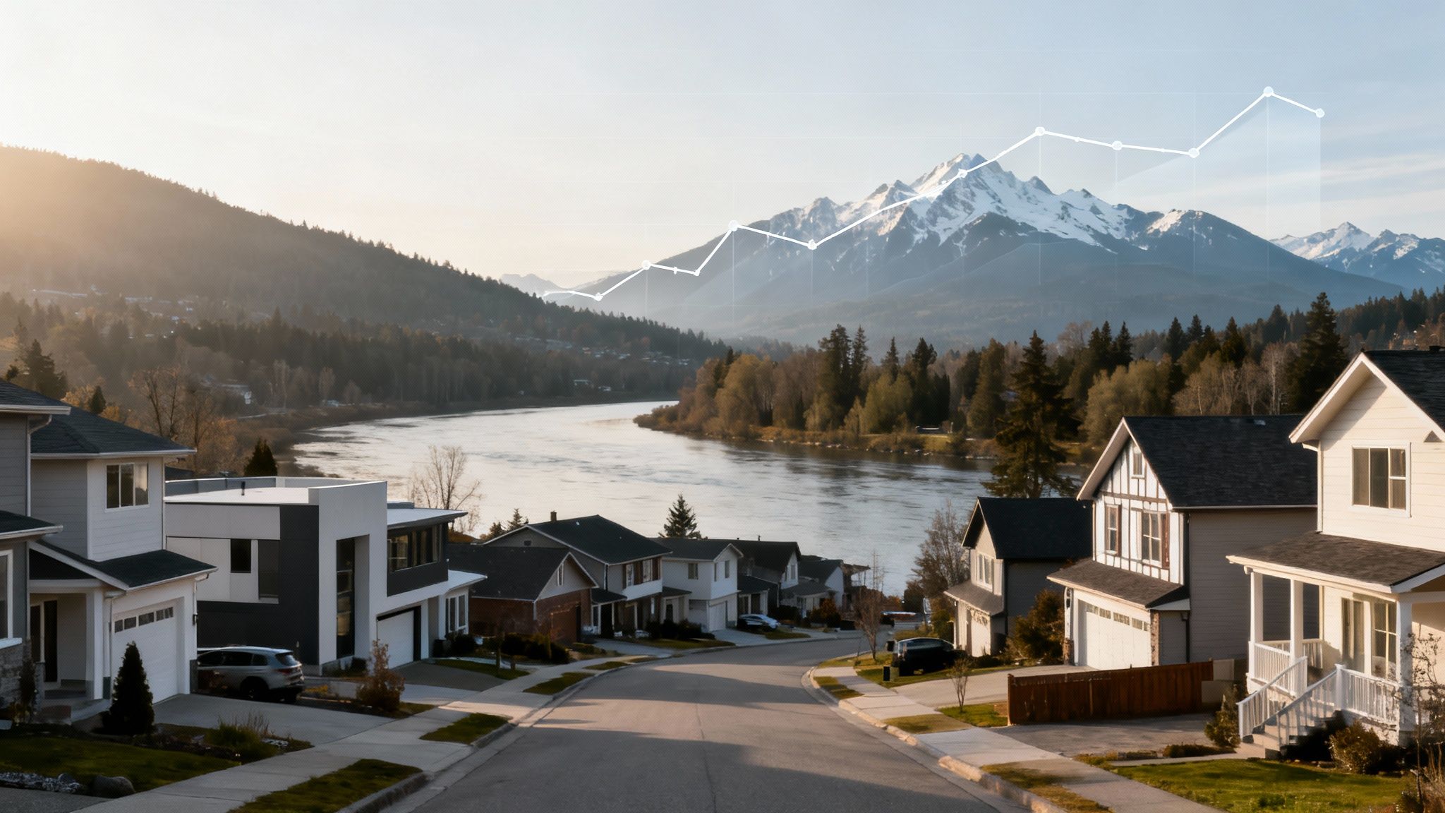 A scenic suburban neighborhood with houses, a river, and mountains, overlaid with a rising housing trend graph.