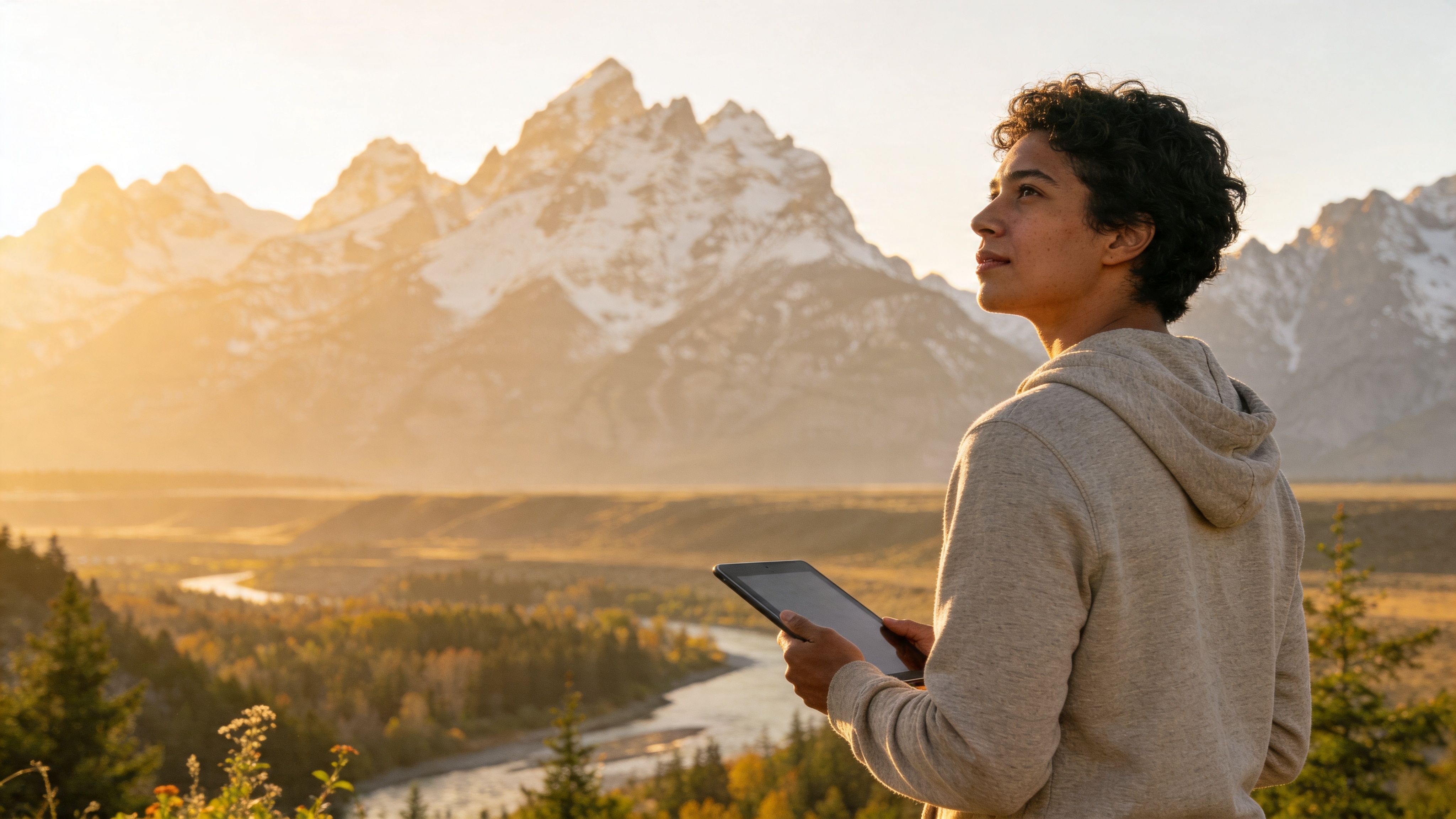 A person standing in the mountains at sunset holding a digital tablet and looking at the view.