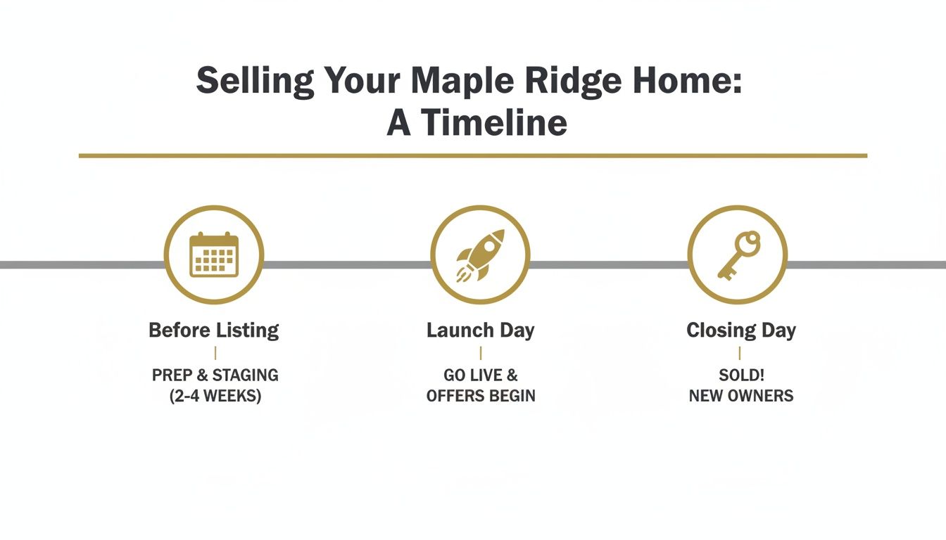 A timeline outlining the three key stages for selling a home in Maple Ridge, from prep to closing.