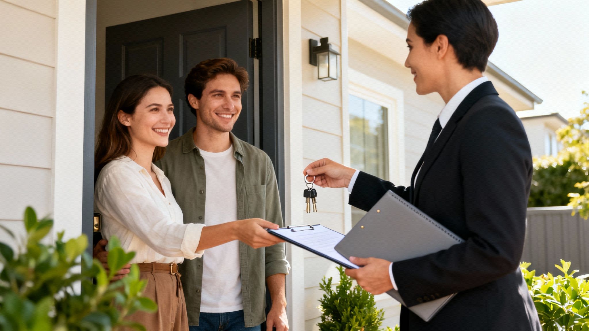 Smiling couple receives house keys and documents from a real estate agent for their new home.