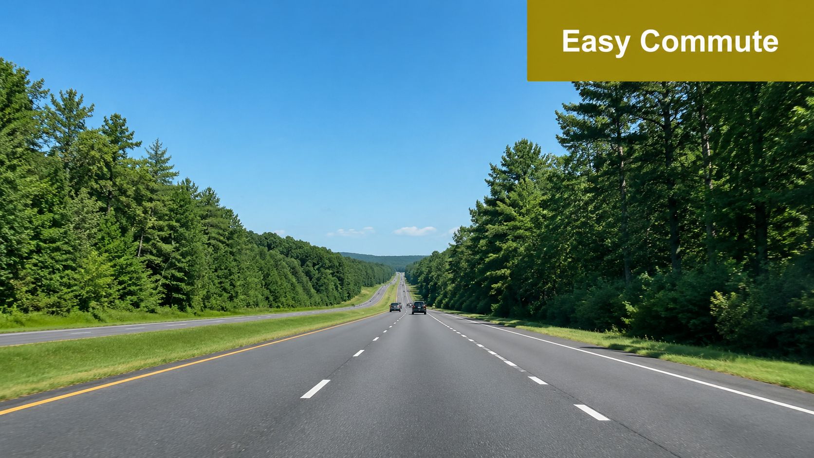 A scenic highway stretching into the distance with green trees lining both sides under a clear sky.