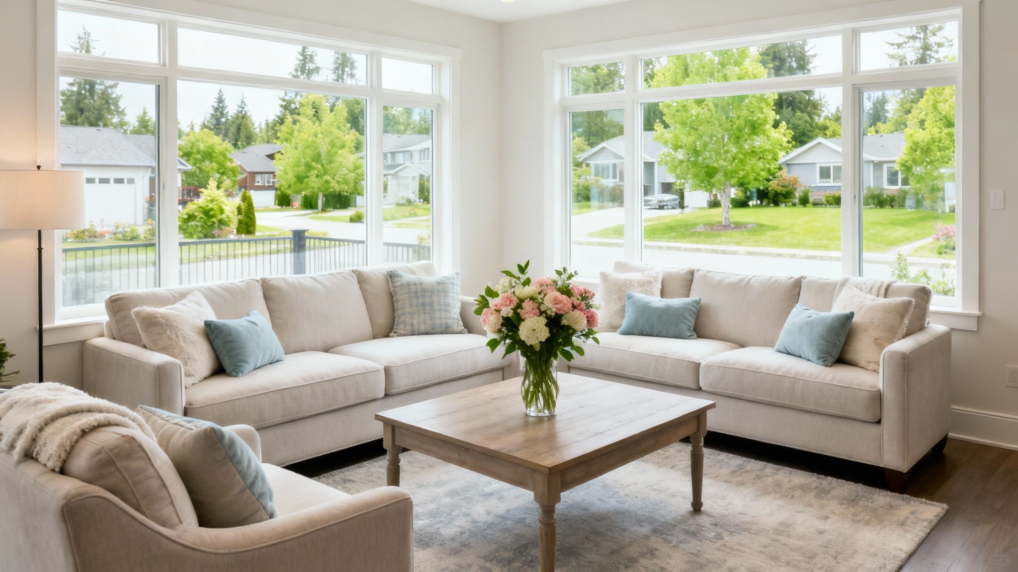 A bright living room with a large light-colored sectional sofa, wooden coffee table, and windows overlooking a suburban neighborhood.