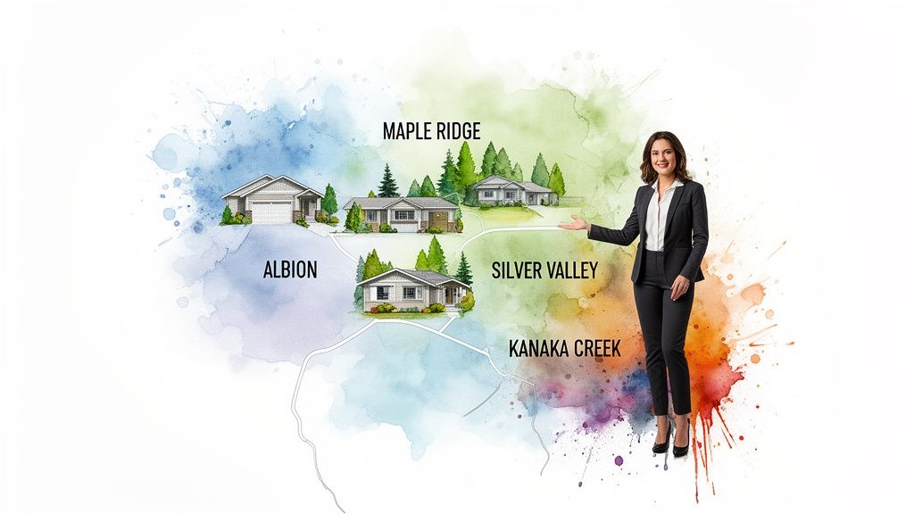 A smiling realtor presents a watercolor map displaying various houses in Maple Ridge, Albion, and other neighborhoods.