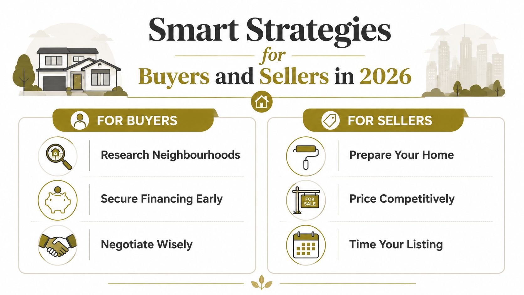An infographic displaying smart real estate tips for buyers and sellers in the year 2026.