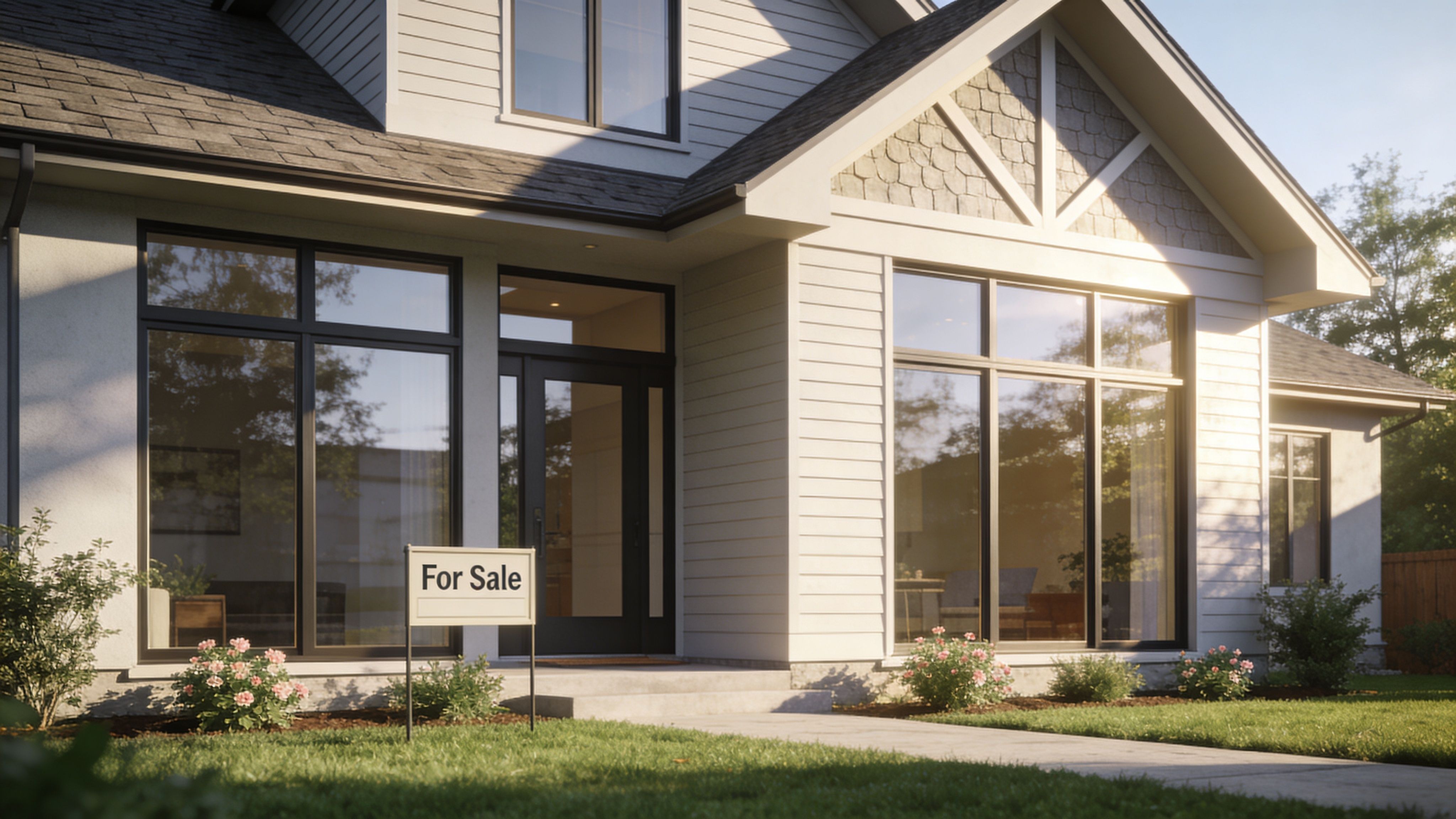 A beautiful modern suburban home with a For Sale sign displayed in the front yard garden.