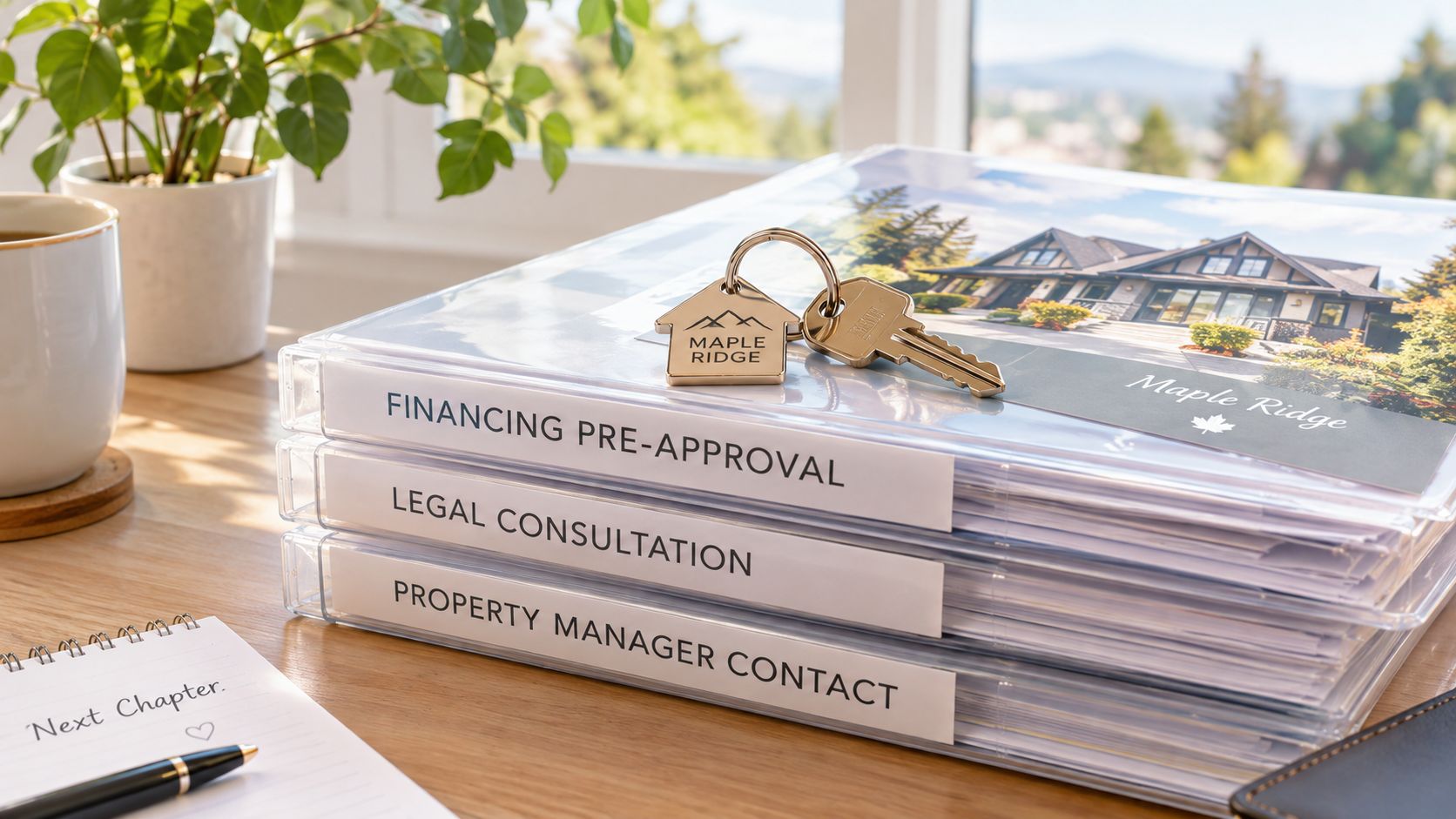 A stack of organized real estate folders with keys on top, sitting on a wooden desk near a window.
