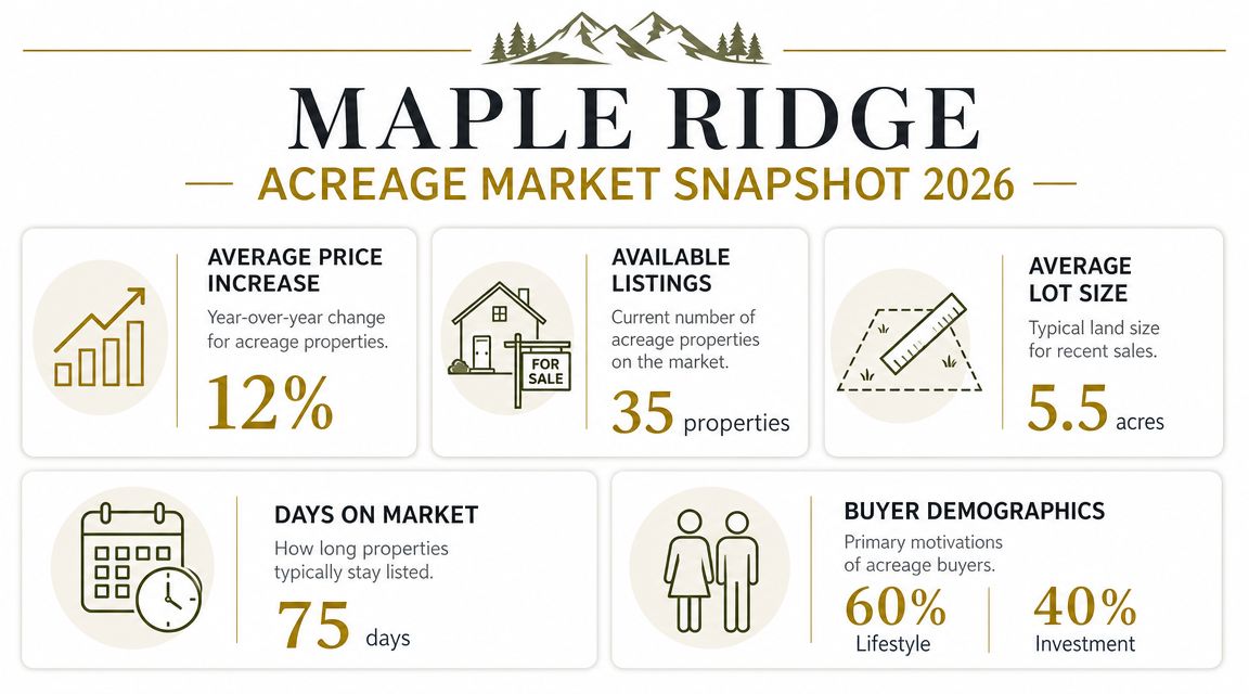 An infographic showing the 2026 acreage market statistics for Maple Ridge including pricing and buyer demographics.