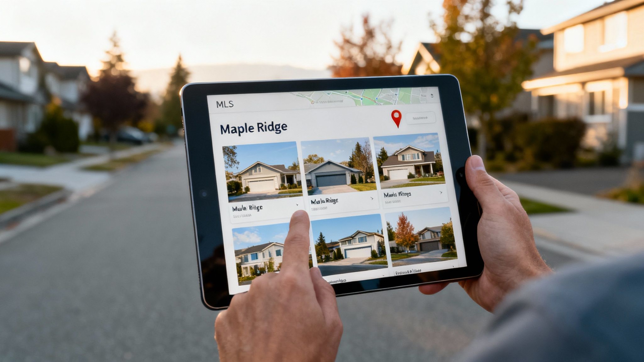 A person holds a tablet displaying MLS real estate listings for Maple Ridge homes.