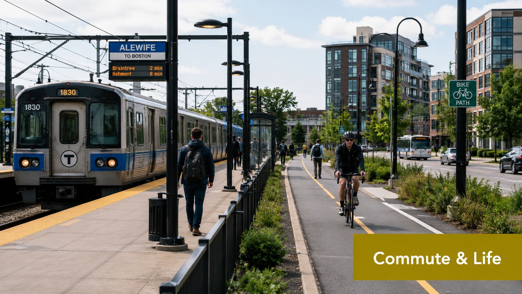 A commuter platform with a train and cyclists using a bike path near modern apartment buildings.