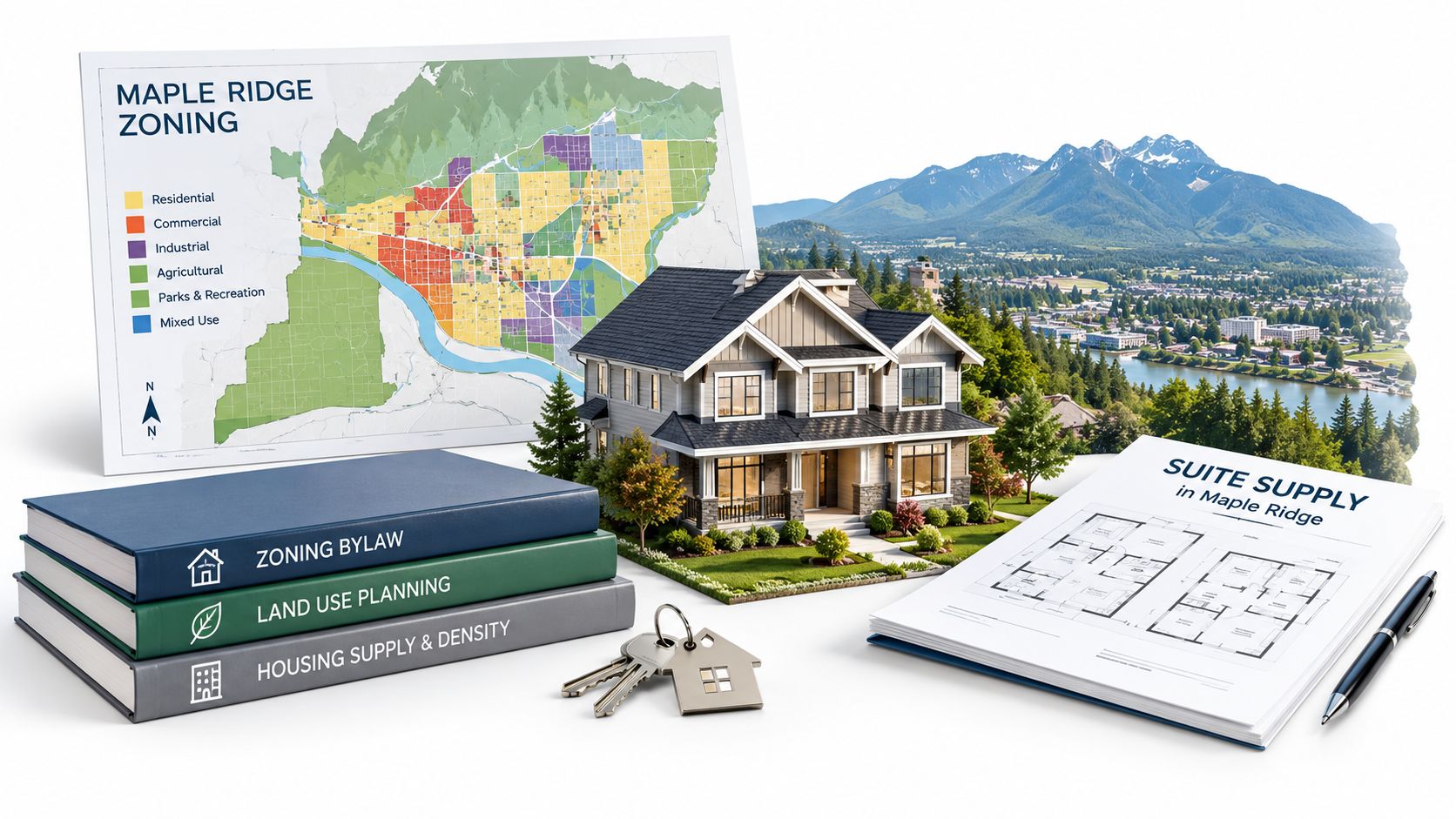 A miniature house, zoning map, architectural plans, and books about housing density on a table.