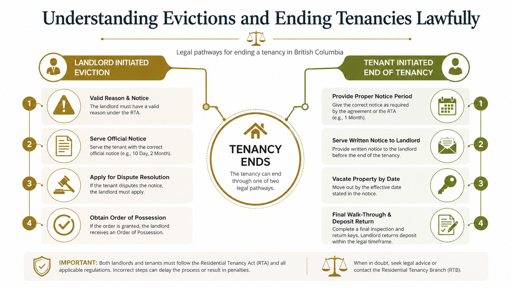 A flowchart explaining the legal processes for landlord-initiated evictions and tenant-initiated lease terminations in British Columbia.