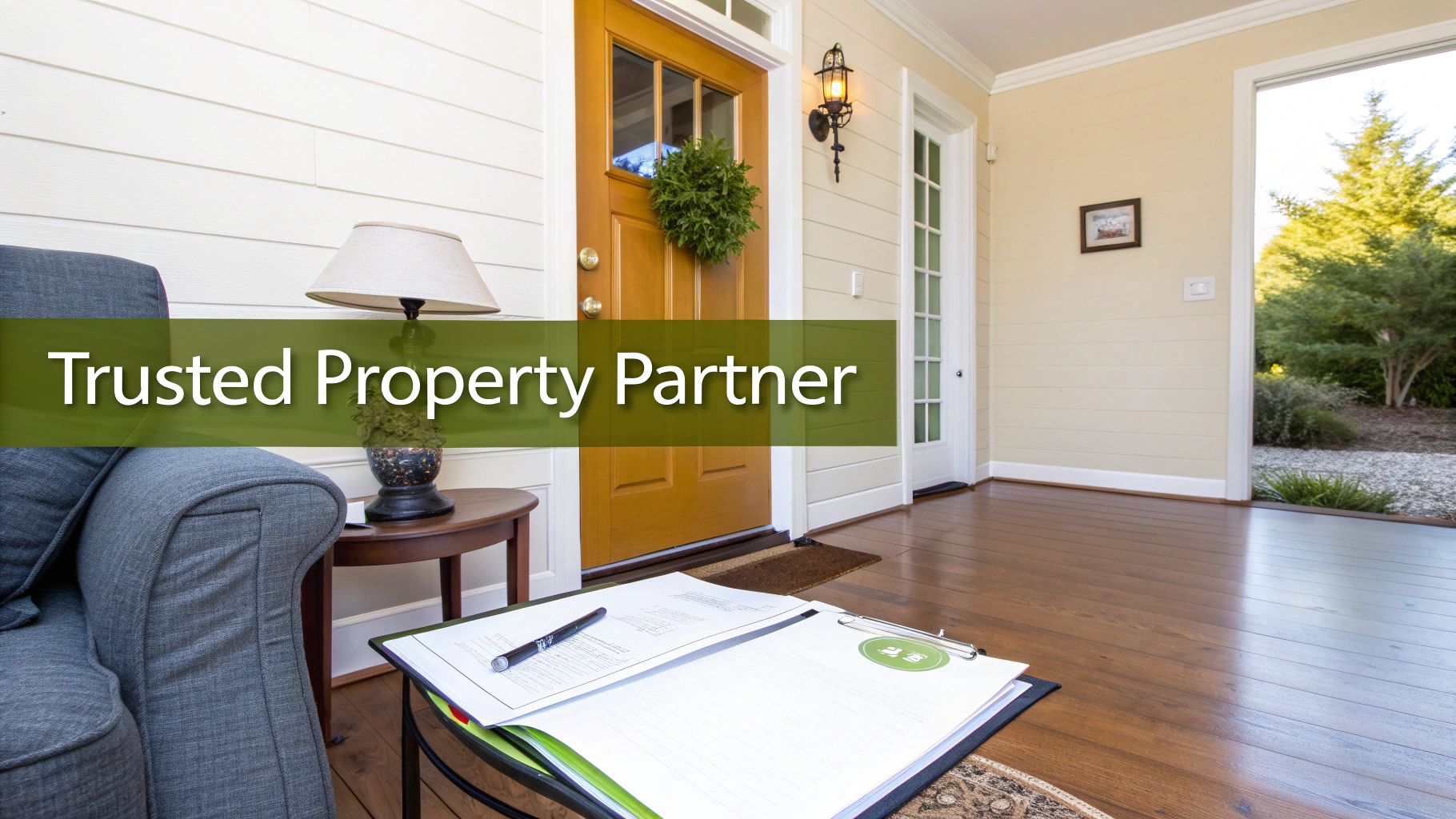 A welcoming home interior with a couch, door, and documents, highlighting a trusted property partner.