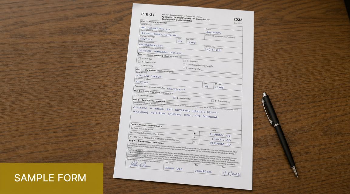 A completed 2023 New York State Department of Taxation and Finance RTB-34 form resting on a wooden desk.