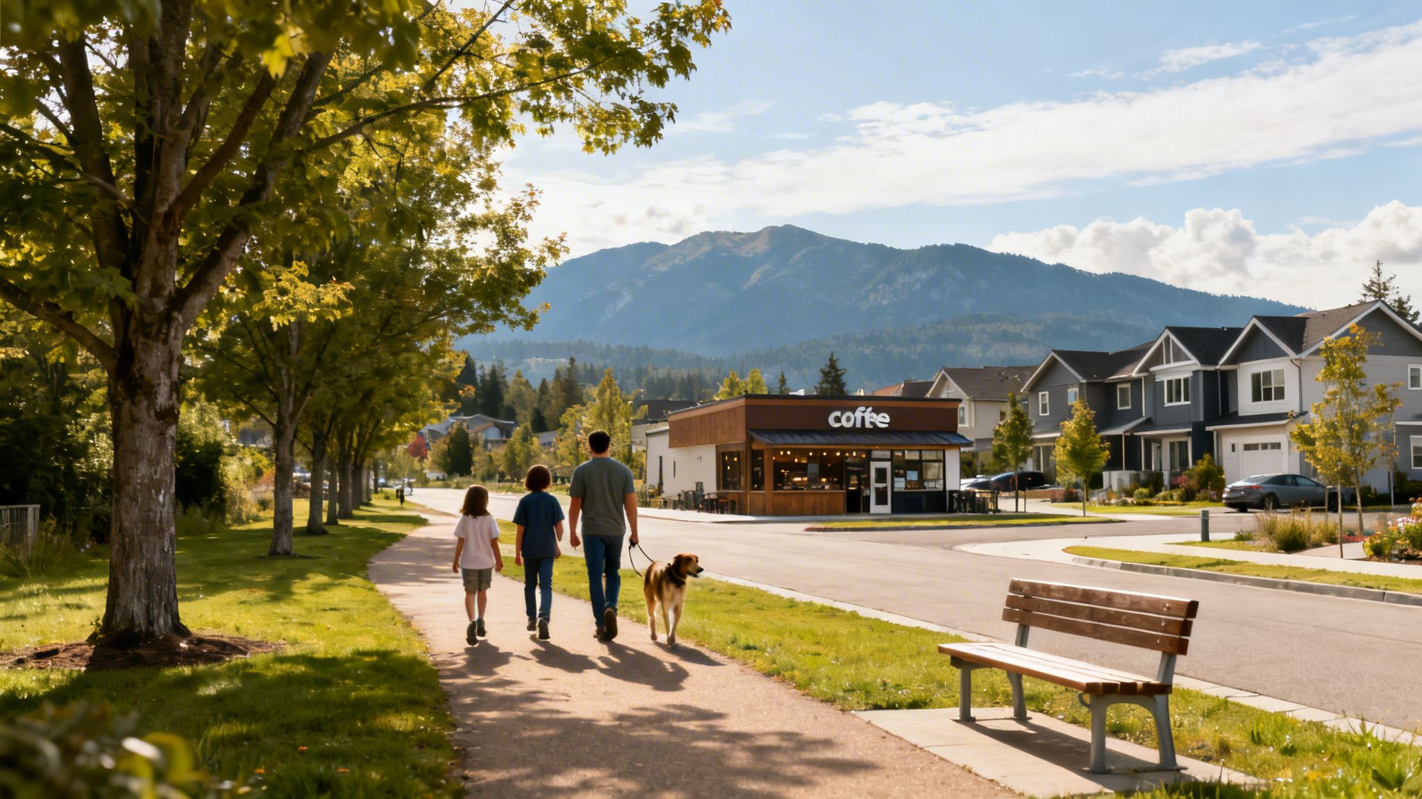 Family walks dog past a modern coffee shop and houses with mountains in the background.