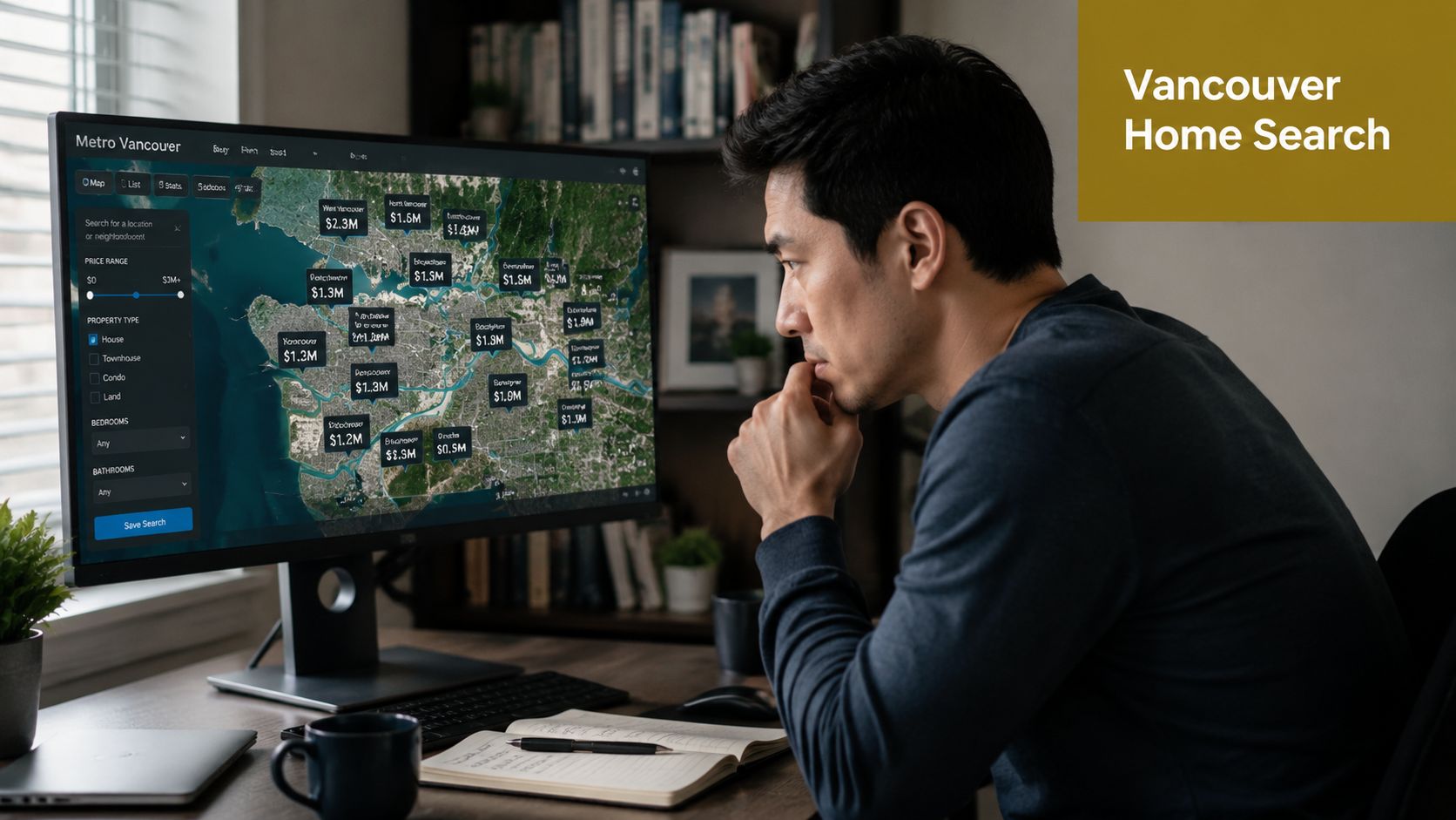 A focused man looking at a digital map of Vancouver real estate prices on his computer screen.
