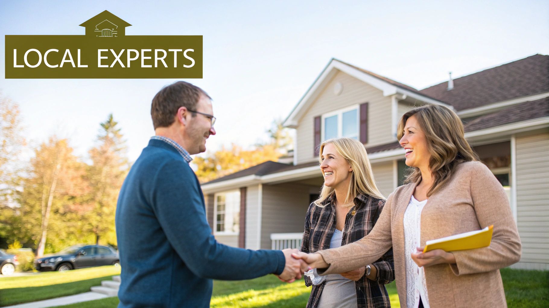 Smiling man shaking hands with a woman, another woman stands nearby, in front of a suburban house.