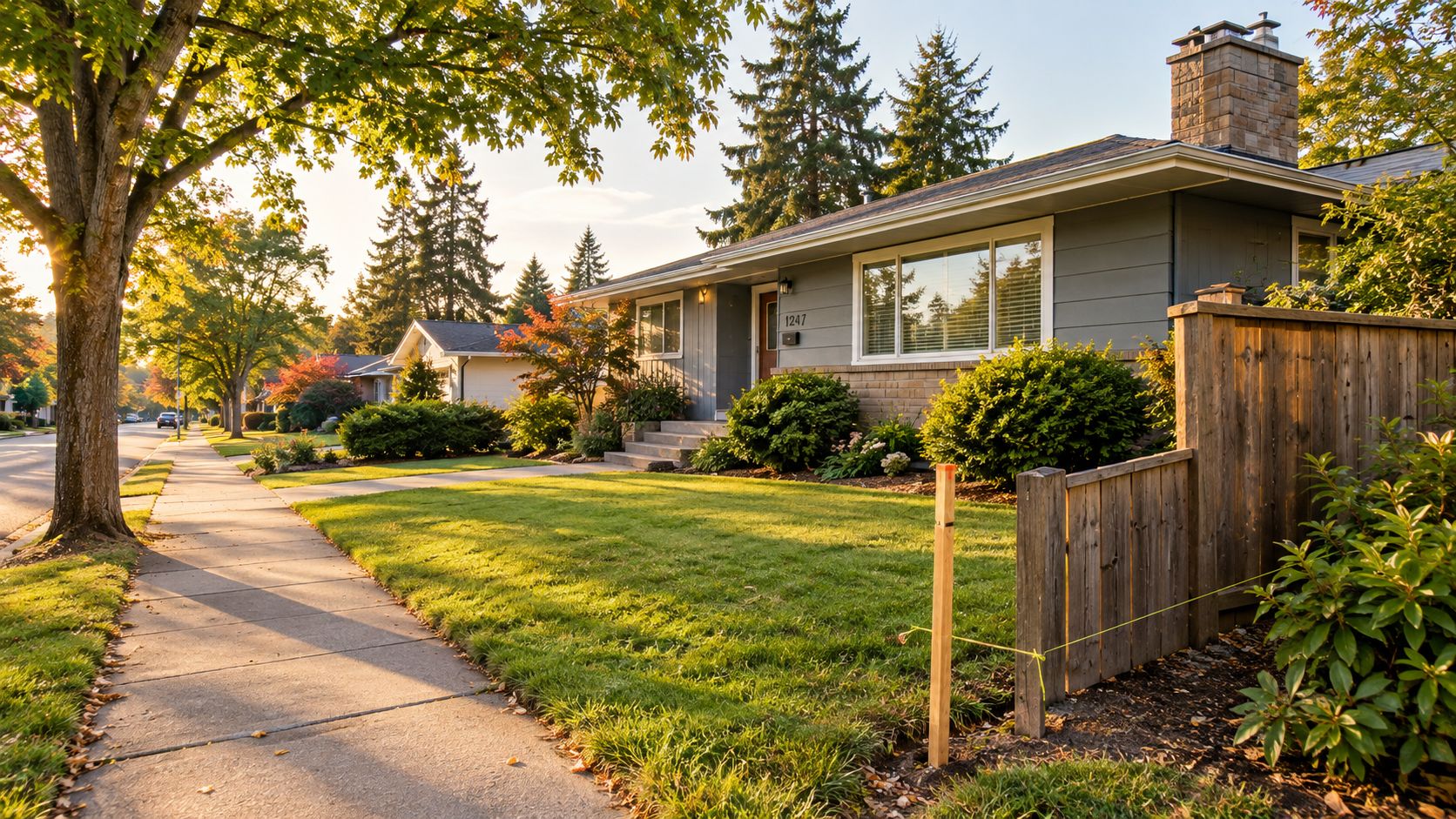 A quiet suburban residential street with a gray house and green lawn under a golden afternoon sun.