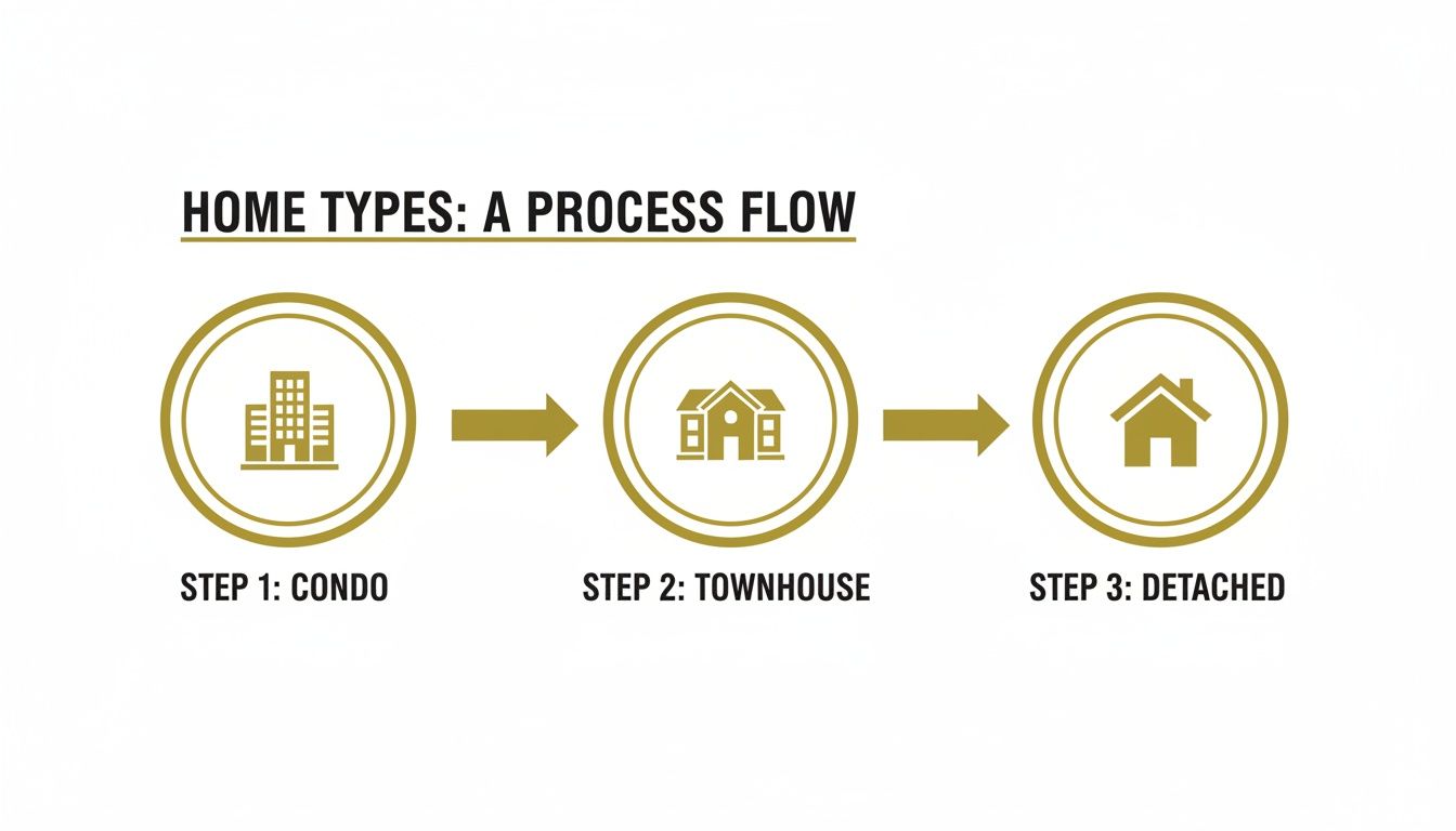 A process flow chart illustrating different home types: condo, townhouse, and detached houses.