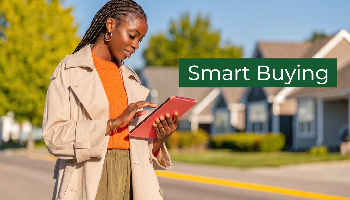 A smiling woman in a beige coat looking at a tablet with the text Smart Buying overlayed.