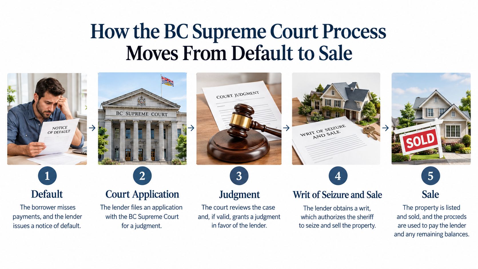 A five-step diagram illustrating the BC Supreme Court process for moving from mortgage default to property sale.