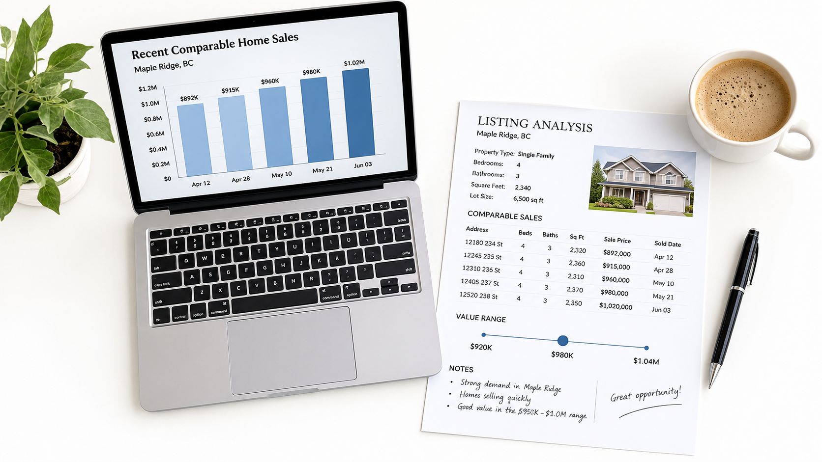 A professional desk workspace showing a laptop displaying real estate charts alongside printed home sales analysis documents.