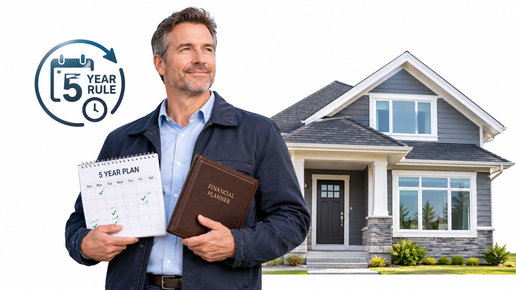 A professional financial planner holding a 5-year plan calendar in front of a residential suburban house.