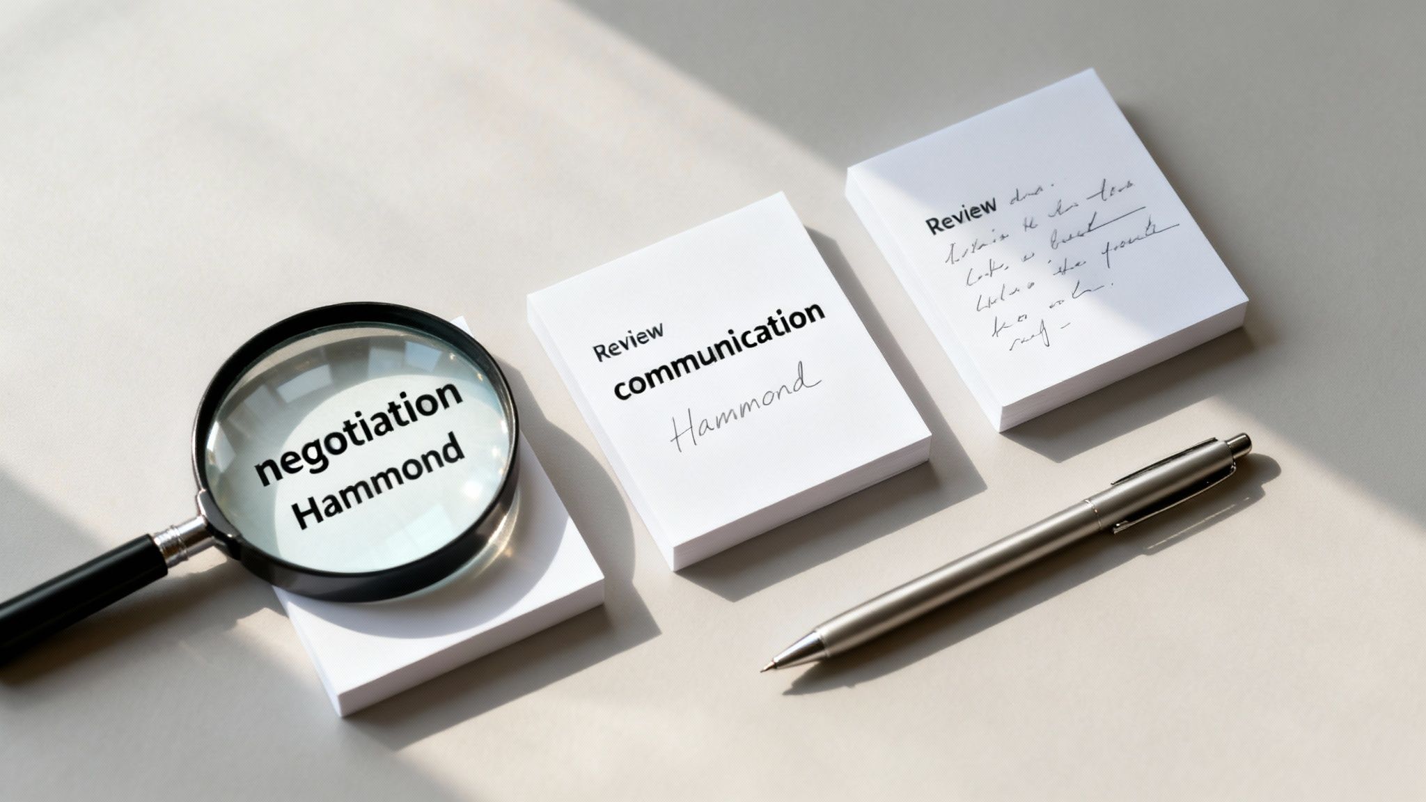 A magnifying glass on a desk highlighting 'negotiation Hammond' next to paper stacks with 'Review communication' and notes.