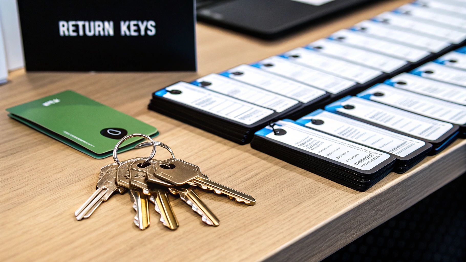 A hand dropping a set of keys into another hand, symbolizing the return of property items from a tenant to a landlord.