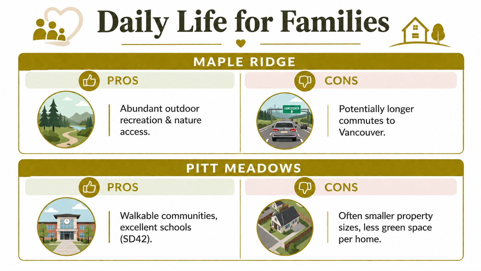A comparison infographic detailing pros and cons of living in Maple Ridge and Pitt Meadows for families.