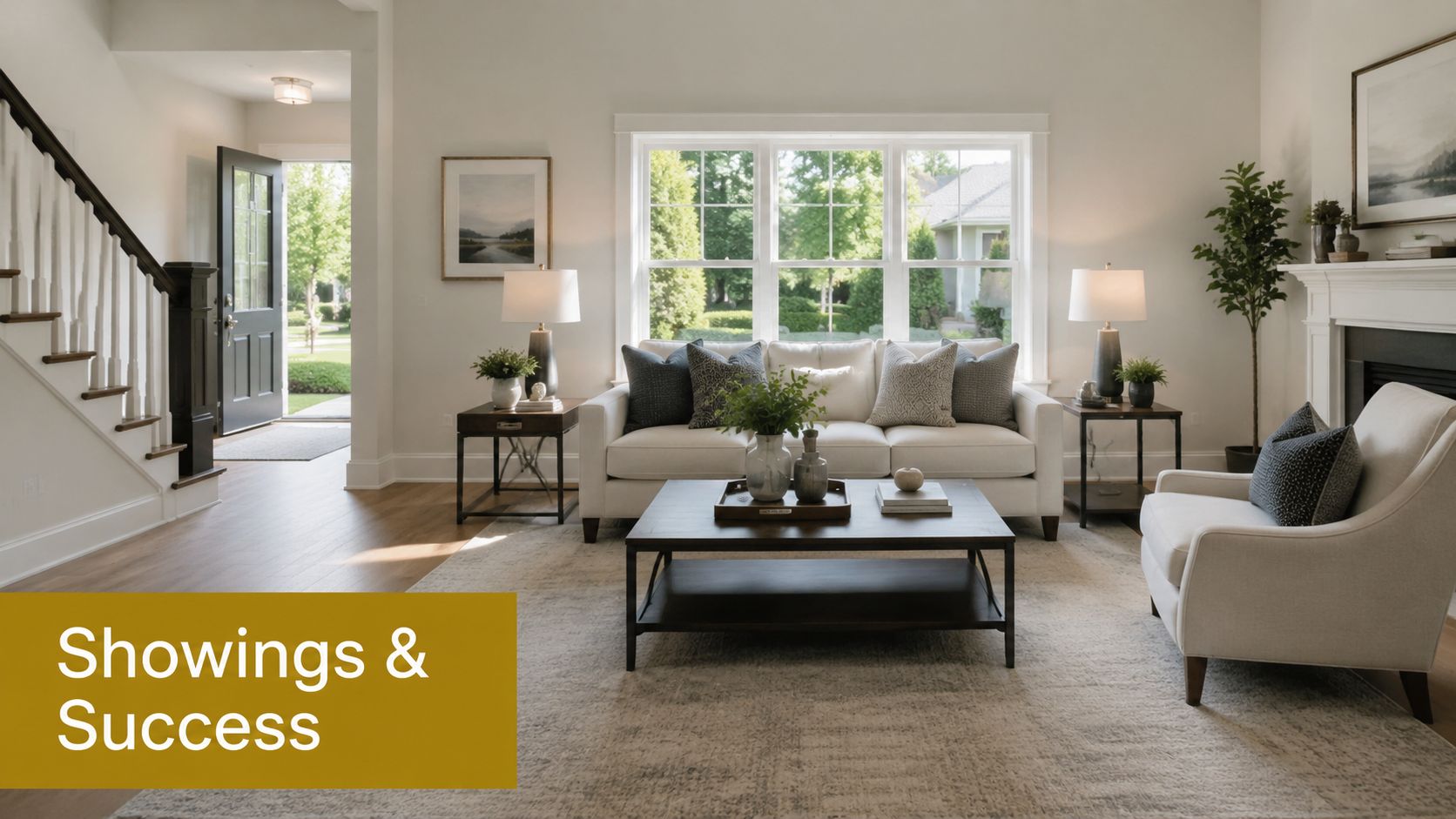 A beautifully staged bright living room featuring a comfortable sofa, armchair, and open front door.