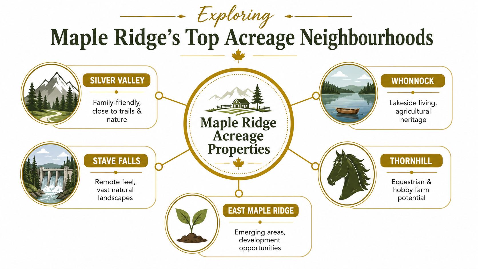 An infographic showing the top five acreage neighbourhoods in Maple Ridge, British Columbia, with their key features.