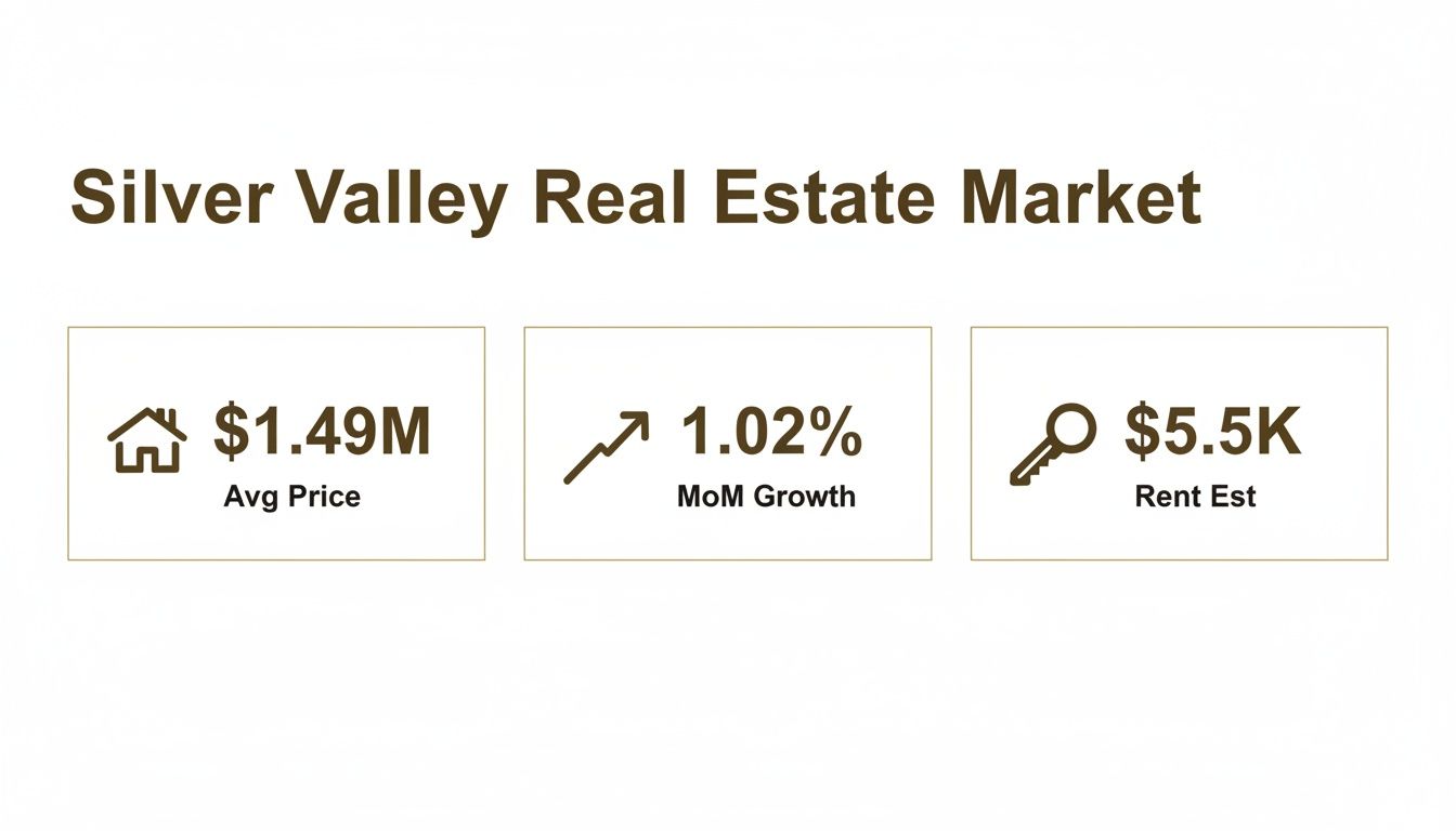 Silver Valley Real Estate Market overview displaying average price, month-over-month growth, and estimated rent.